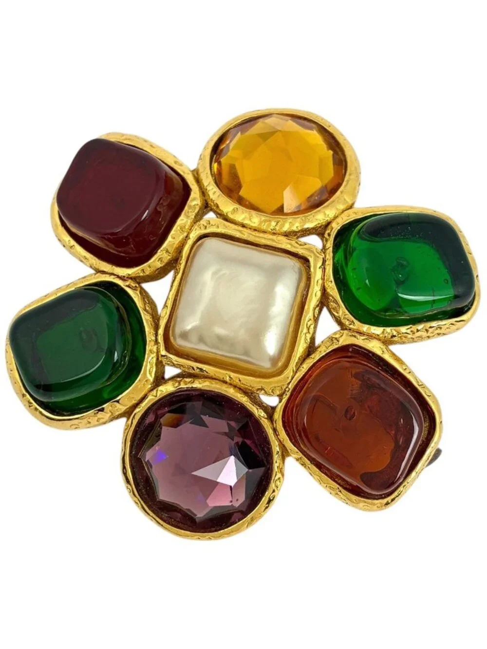 Chanel Brooch Gripoix Faux Pearl Color Stone Rhinestone Gold White Green